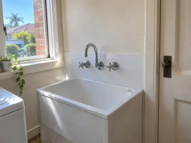White laundry tub with wall-mounted tap set beside a window and door in a cream room in Brighton-Le-Sands